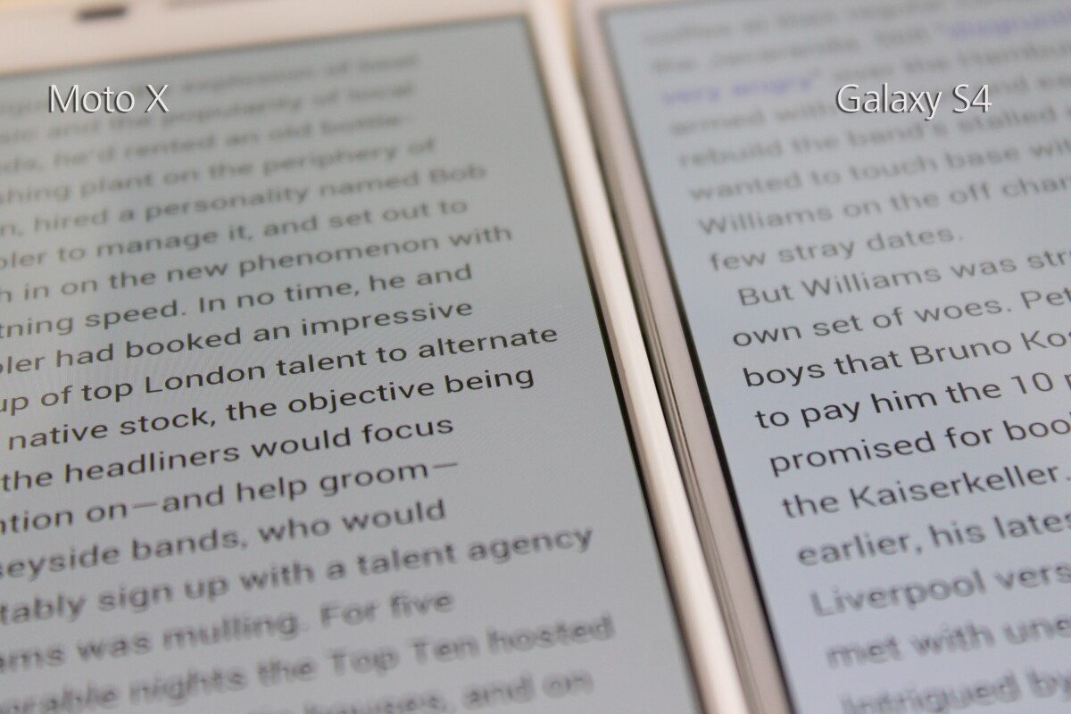 The GS4's display is noticeably sharper, but (as you can see) there's nothing wrong with the Moto X's display