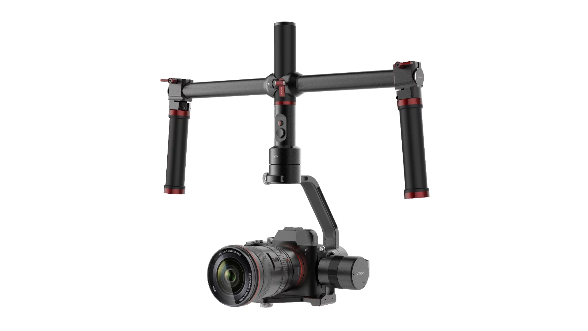 Moza Air gimbal stabilizer, in inverted mode with the twin handle attachment