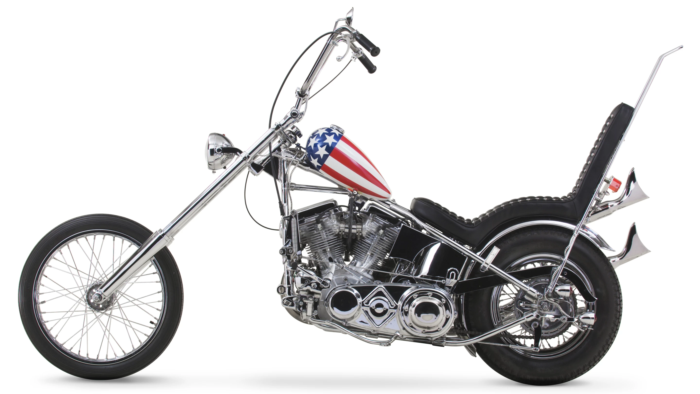 This is the other “Captain America”, sold in 2002 by Dan Haggerty to Midwestern motorcycle parts magnate John Parham. The bike spent many years at the National Motorcycle Museum in Anamosa, Iowa, before Parham sold it to Los Angeles Movie Memorabilia collector Michael Eisenberg in early 2014. Eisenberg took this bike to auction with Profile in History in October 2014, where it hammered for $1.35 million.