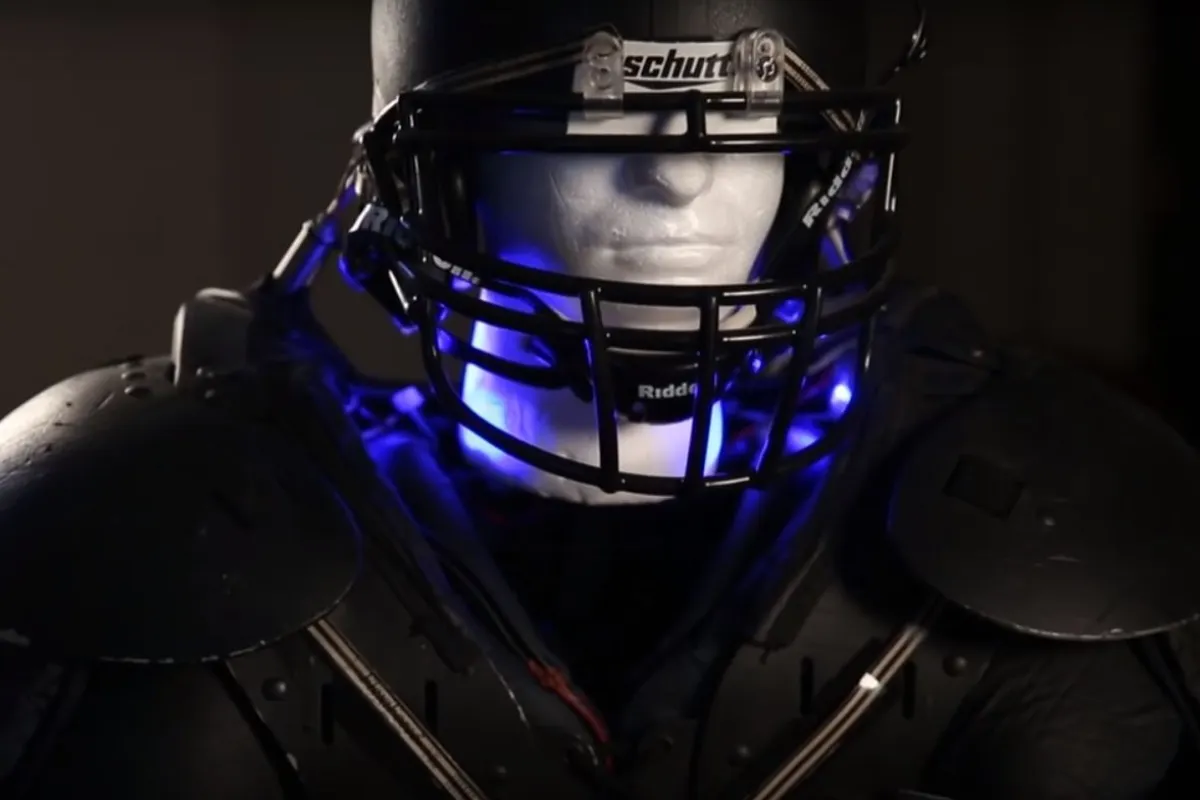 The novel helmet and shoulder pads system weighs only five pounds