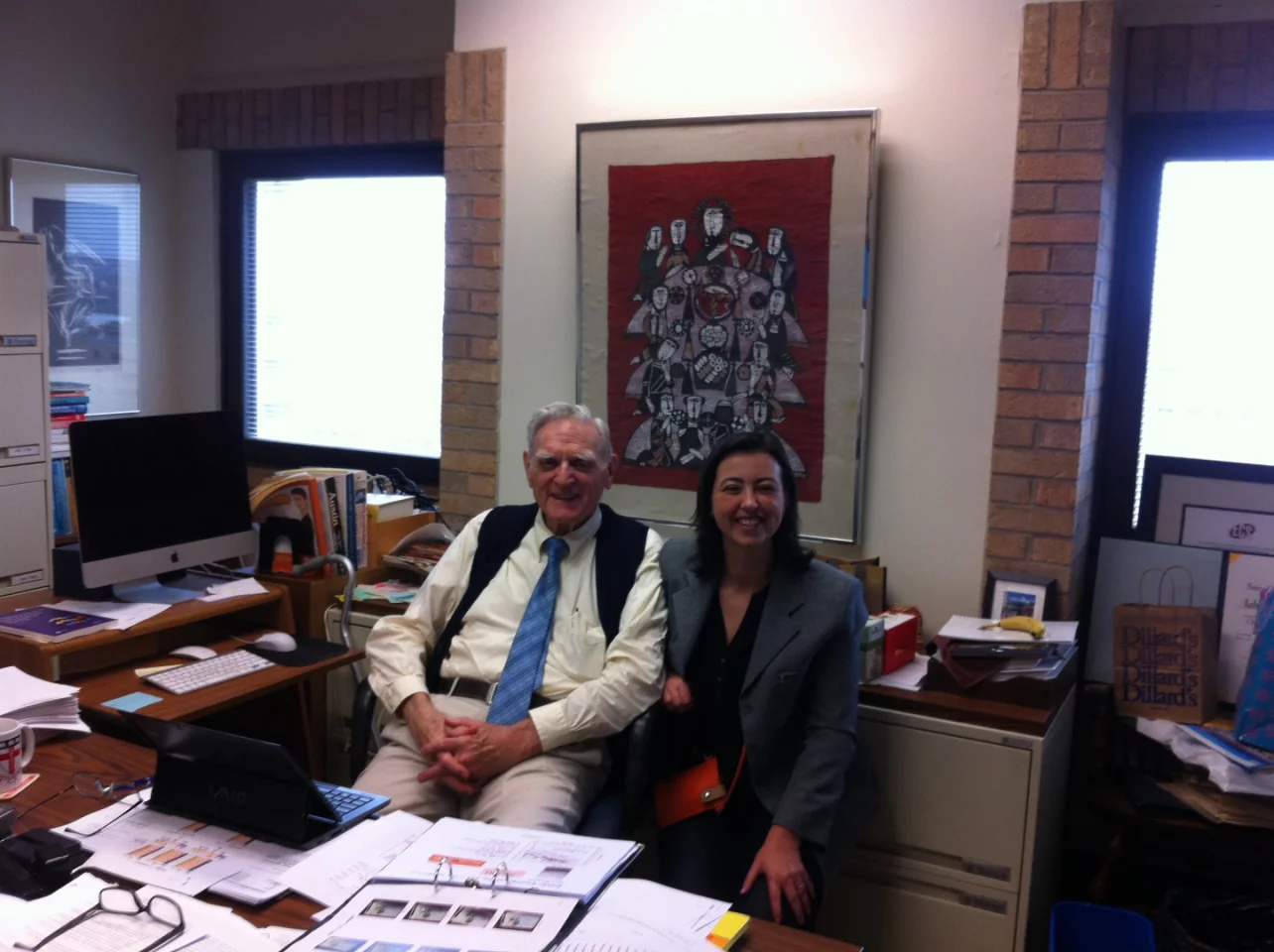 Physicist Maria Helena Braga with John Goodenough in his office. Together, they are trying to solve one of the most difficult problems in battery science: creating a better, more stable battery
