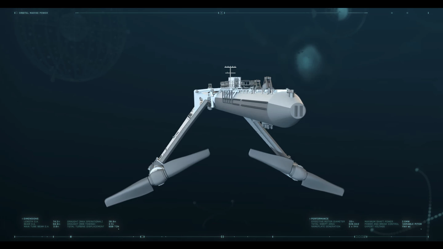 18-metre arms hold two 20m turbines under the surface, or raise them up for cheap, easy maintenance