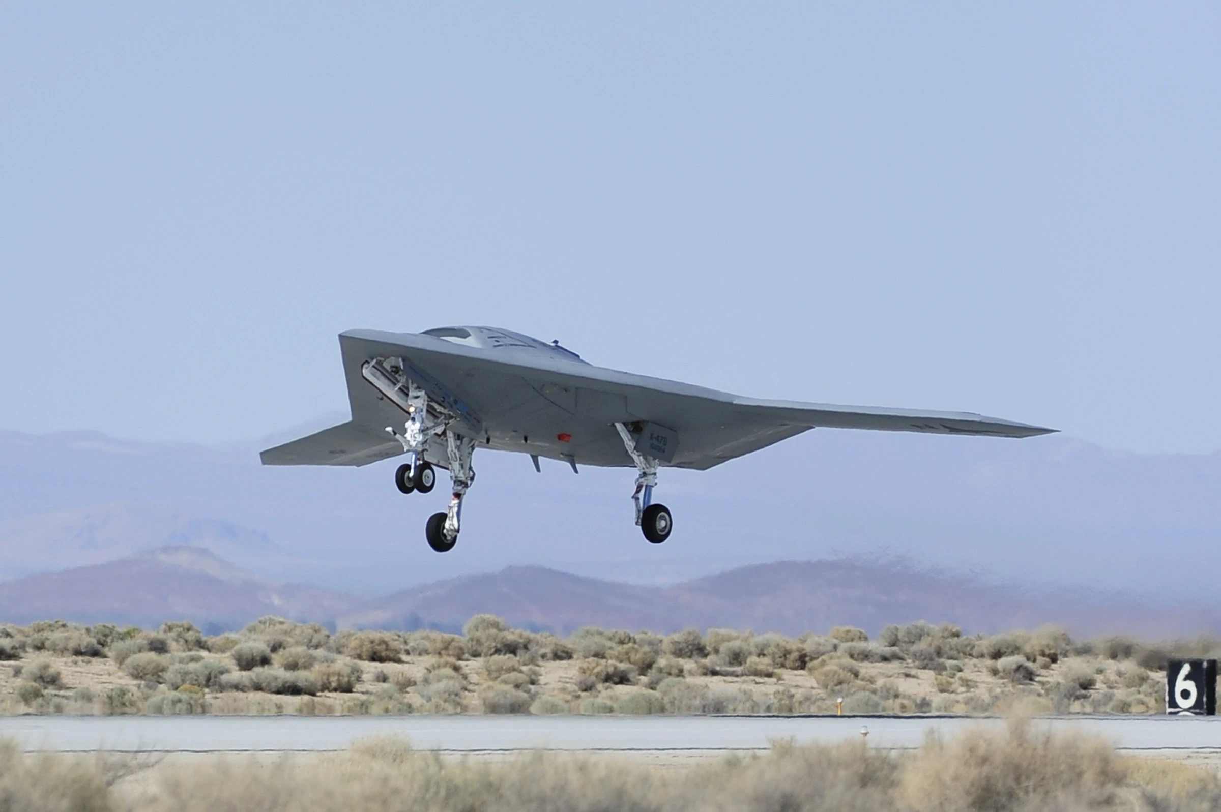 The second Northrop Grumman-built X-47B unmanned aircraft lifts off for one of its final flights during the air worthiness test phase at EAFB