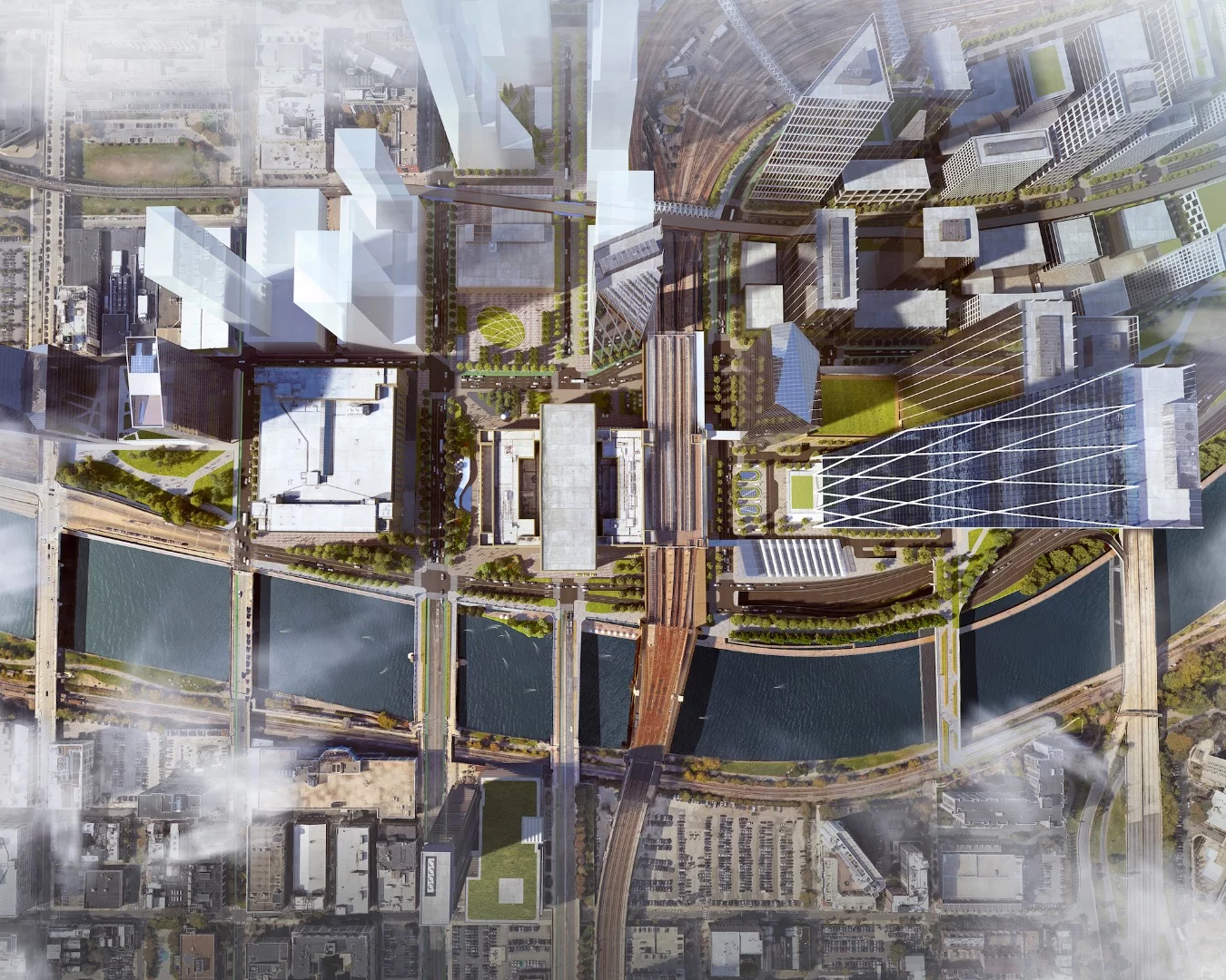 The Philadelphia 30th Street Station District Plan includes 18 million square feet of new development built atop 88 acres of existing railyards as well as an additional 40 acres of new open space