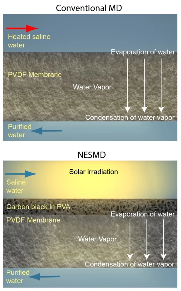 This diagram shows how conventional membrane distillation works (top) compared to the NEWT team's system (bottom)