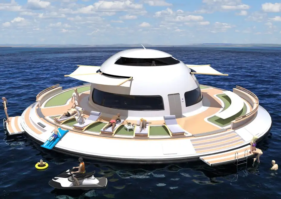 The UFO 2.0 has three levels. The first floor includes kitchen and bathroom, while upstairs lies a hot tub, a desk and seating, and the controls to maneuver it