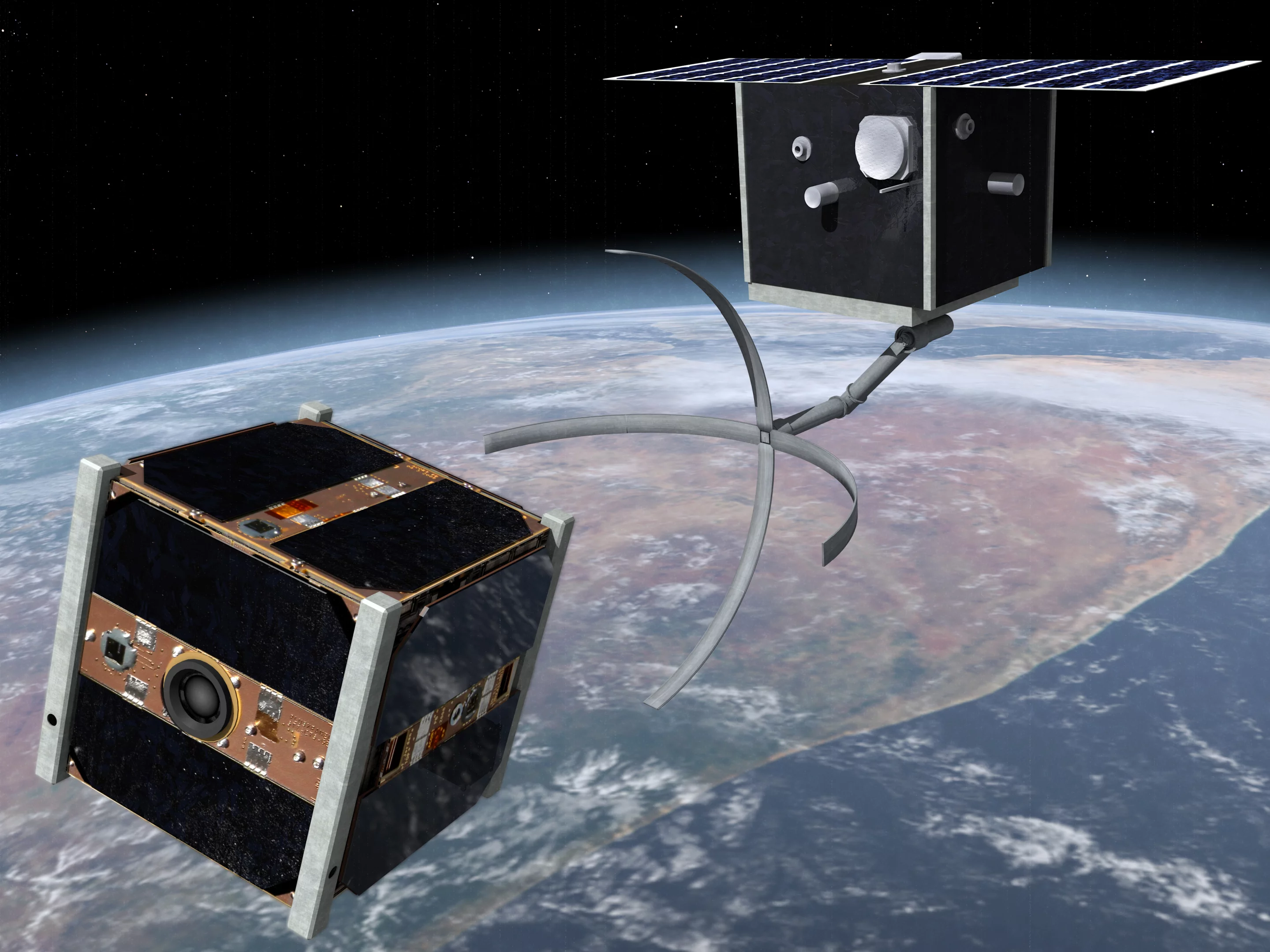 Artist's concept of CleanSpace One approaching a satellite (Image: EPFL)