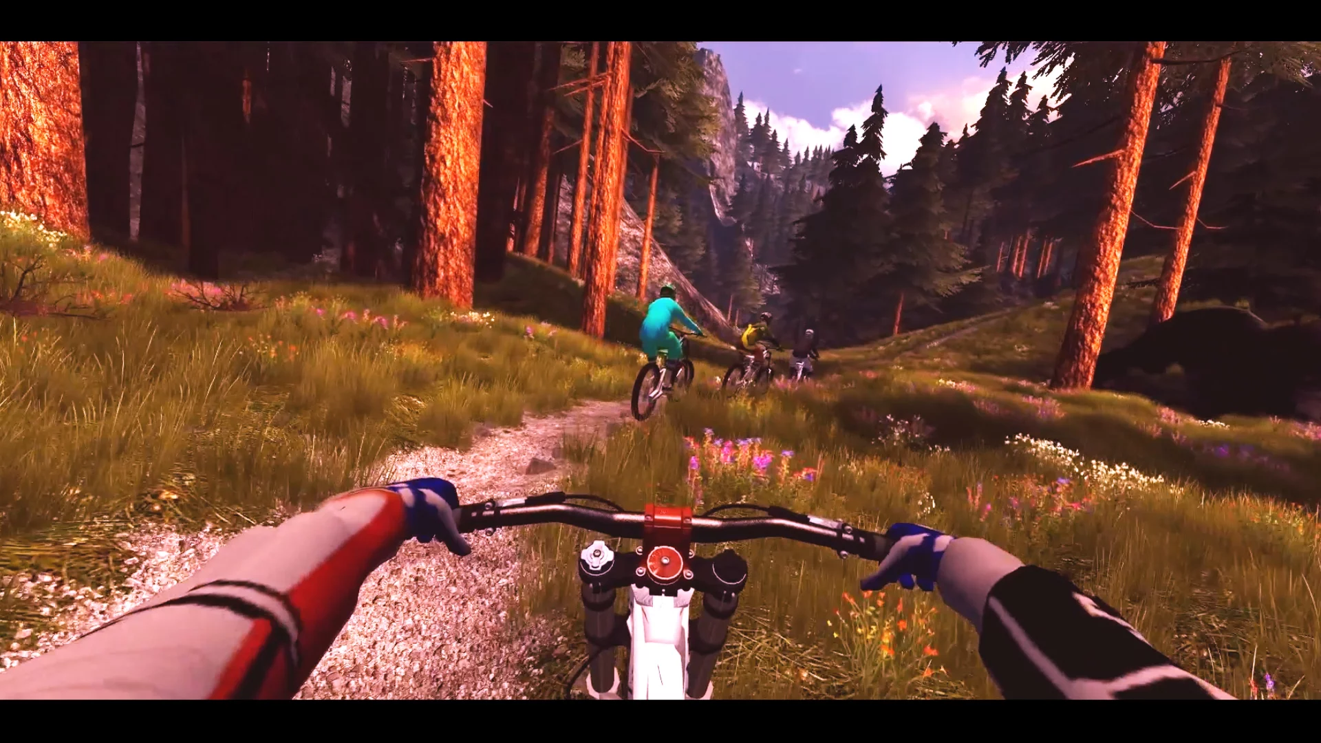 The user sees a first-person view of the trail they've chosen, with an avatar of their handlebars visible at the bottom of the screen