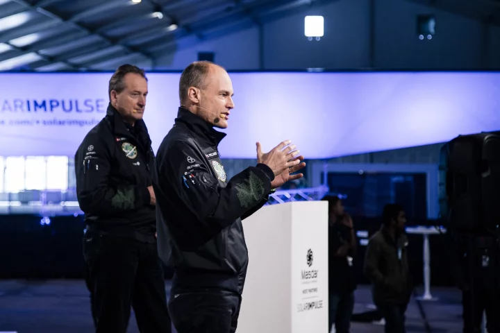 Bertrand Piccard and André Borschberg announcing the route for Si2's historic around-the-world flight