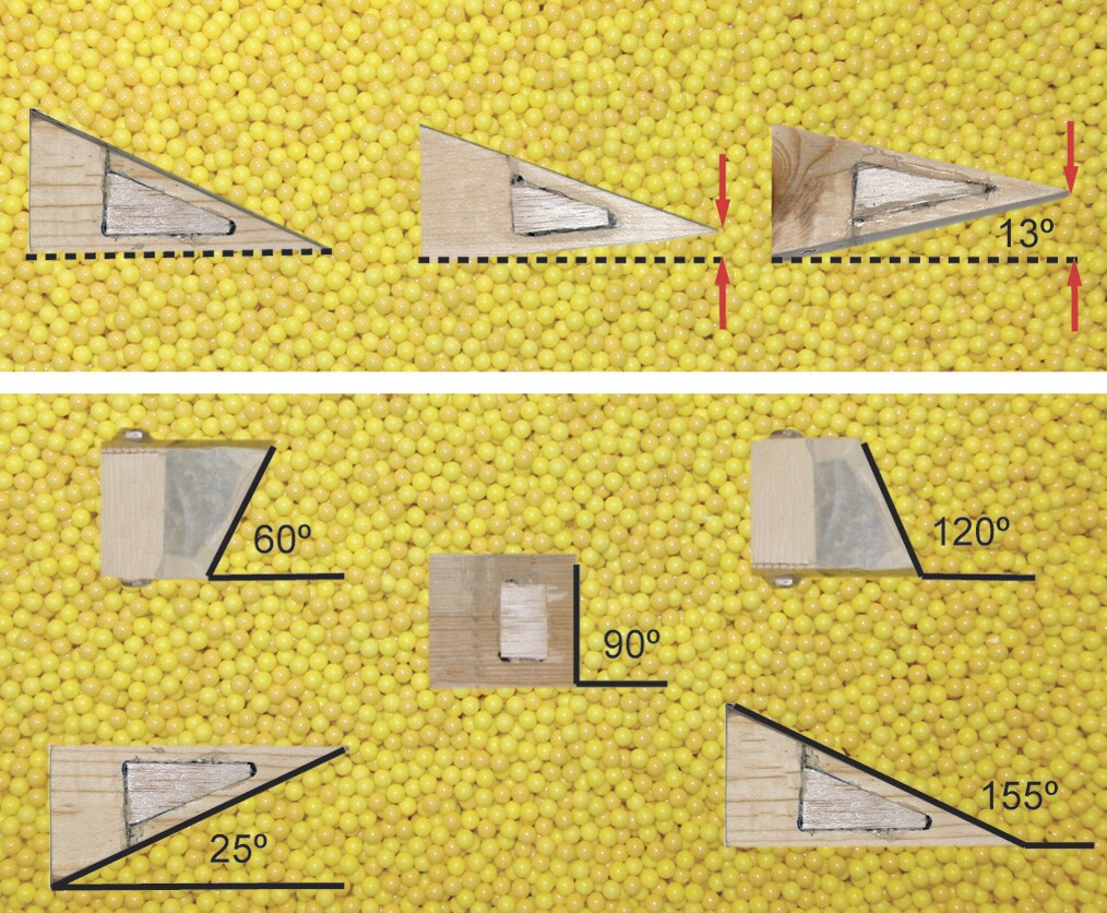 The different nose angles tried on the robot head (top), and the different leading angles of wooden blocks used in the tests (bottom)