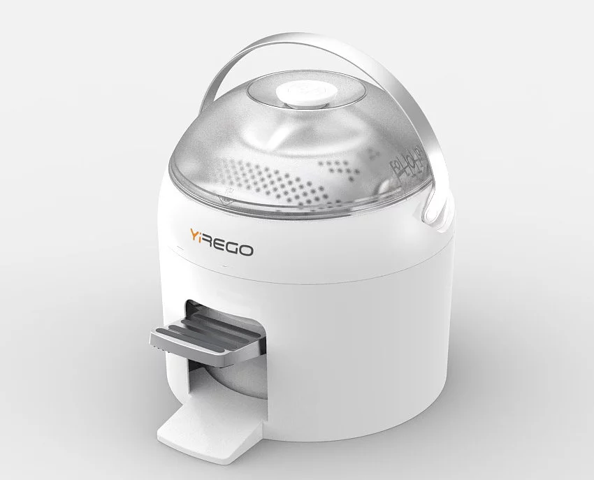 The production Drumi features a carry handle that doubles as a lock and a drum which can be removed for cleaning