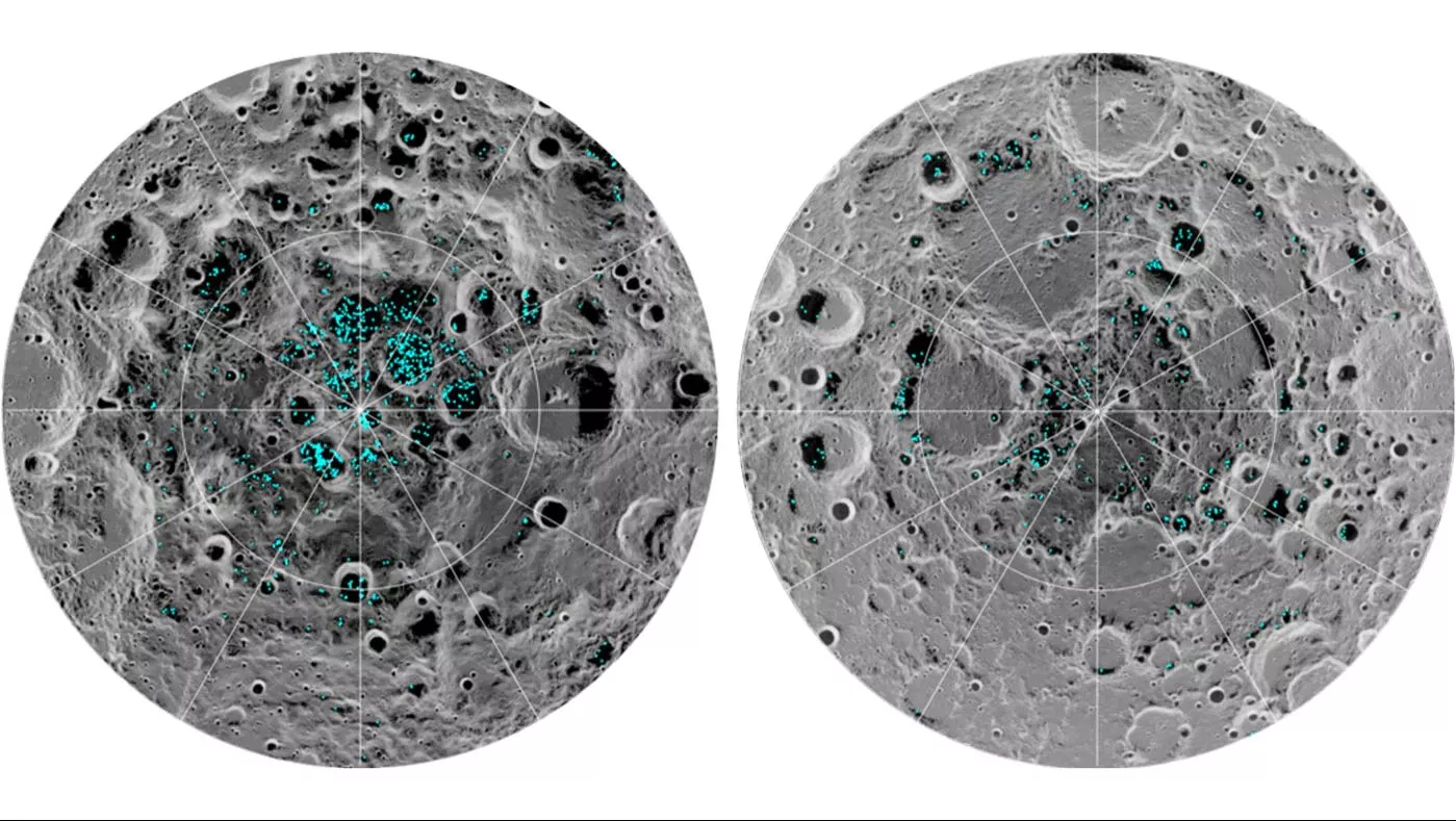 Distribution of surface ice at the Moon's south pole (left) and north pole (right) as detected by NASA's Moon Mineralogy Mapper instrument