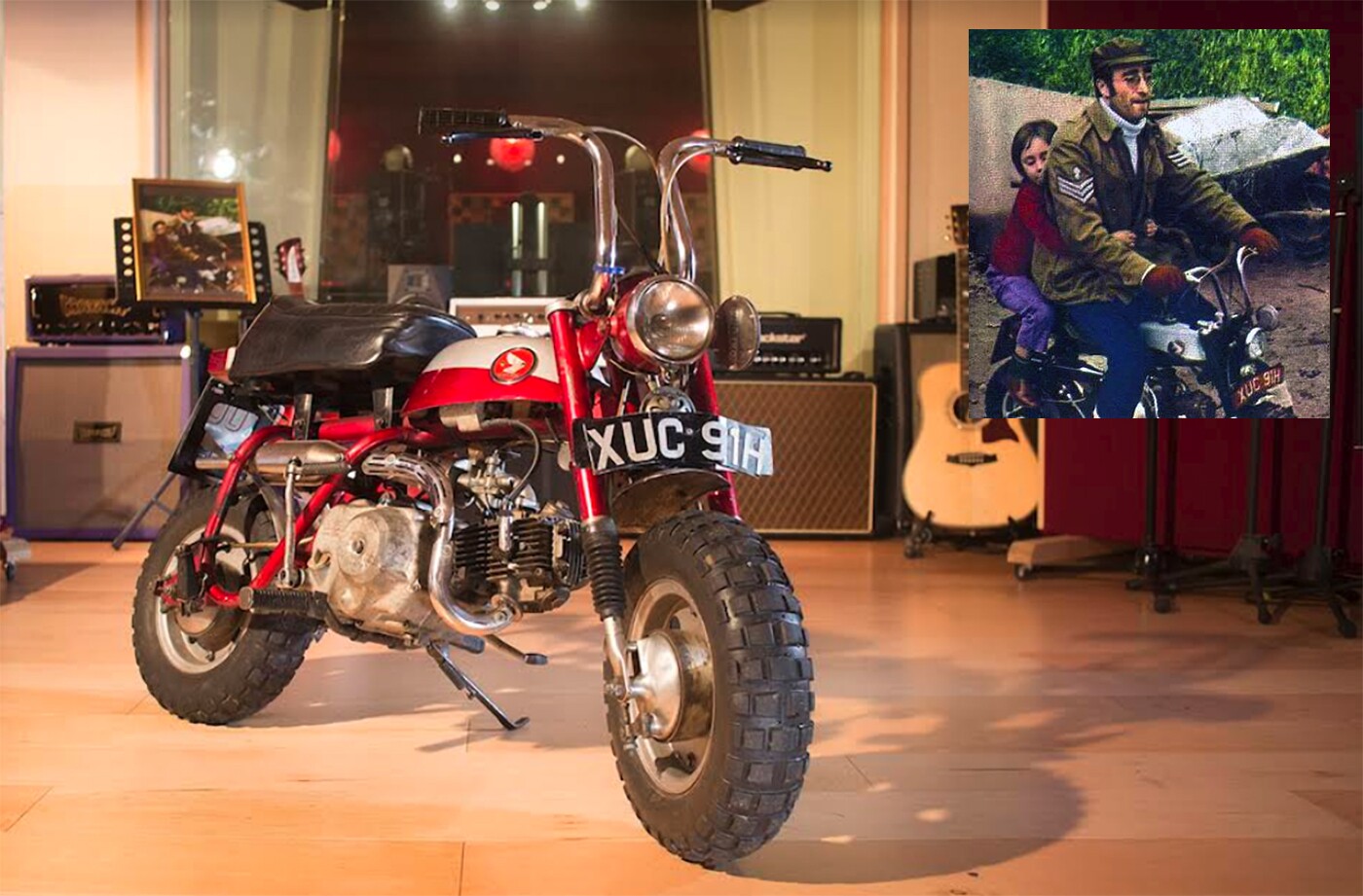 The 1969 Honda Monkey Bike that fetched $94,187 was used by John Lennon between 1969 and 1971 on his Tittenhurst Park estate in Surrey. John Lennon is pictured circa 1969 with his six year-old son Julian on the back of the bike. Julian inspired several famous Beatles songs, including "Lucy in the Sky with Diamonds" (1967) and "Hey Jude" (1968) and "Good Night"