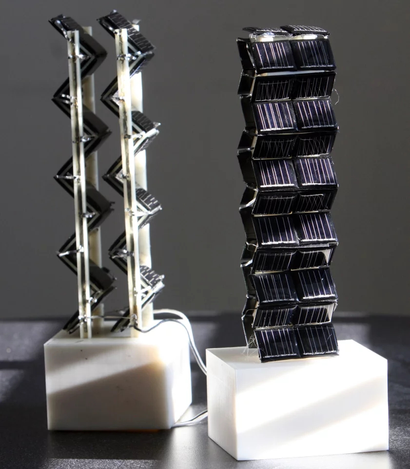 Two of the 3D PV arrays tested by MIT researchers that showed a boost in power output ranging from double to more than 20 times that of fixed flat solar panels with the same base area (Photo: Allegra Boverman)