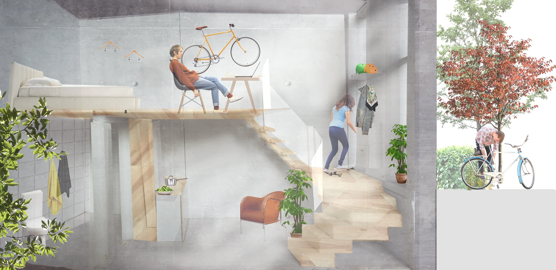 Hotel guests will be able to park their bikes outside their doors, or take them inside and hang them on the wall