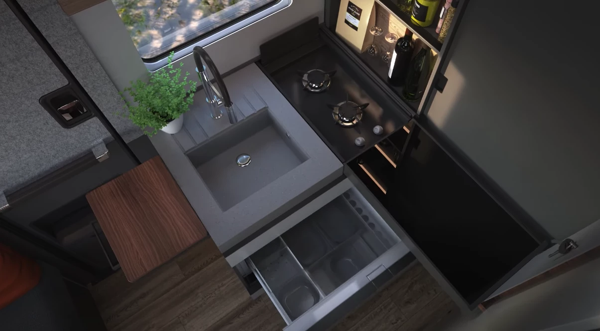 Along with the expandable countertop, the premium kitchen includes a 138-L drawer fridge