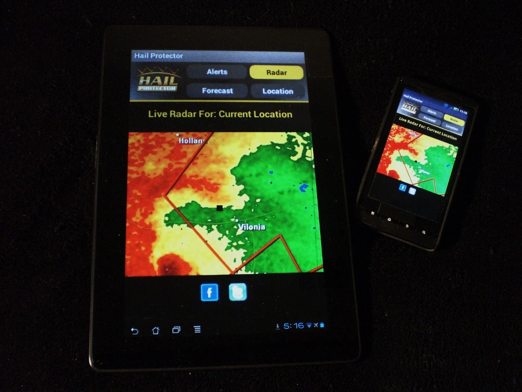 The Hail Protector app information is sourced from the National Weather Service
