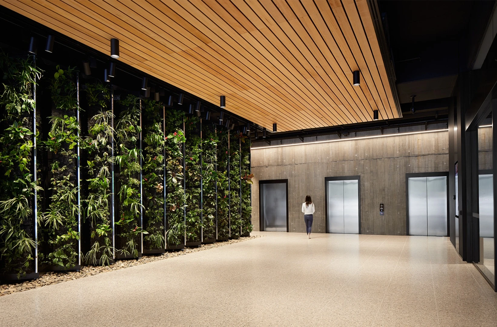 The entrance lobby at 25 King includes a greenery-covered wall