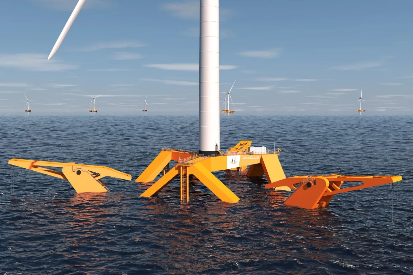 Large pivoting mechanical arms link three sea floor tethers to a counterweight slung underneath the Gazelle platform