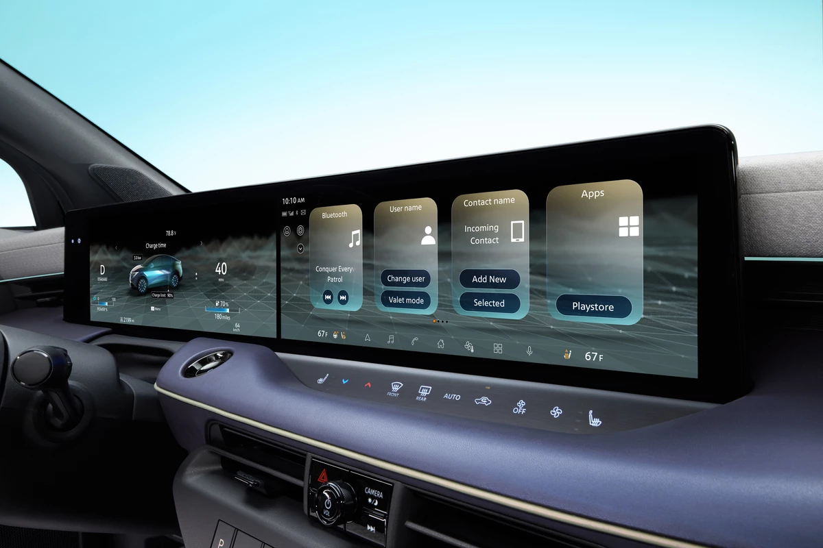 The 2026 LEAF's infotainment screen grows to 14.3 inches in size, with NissanConnect features such as Google and door-to-Door Nissan Navigation