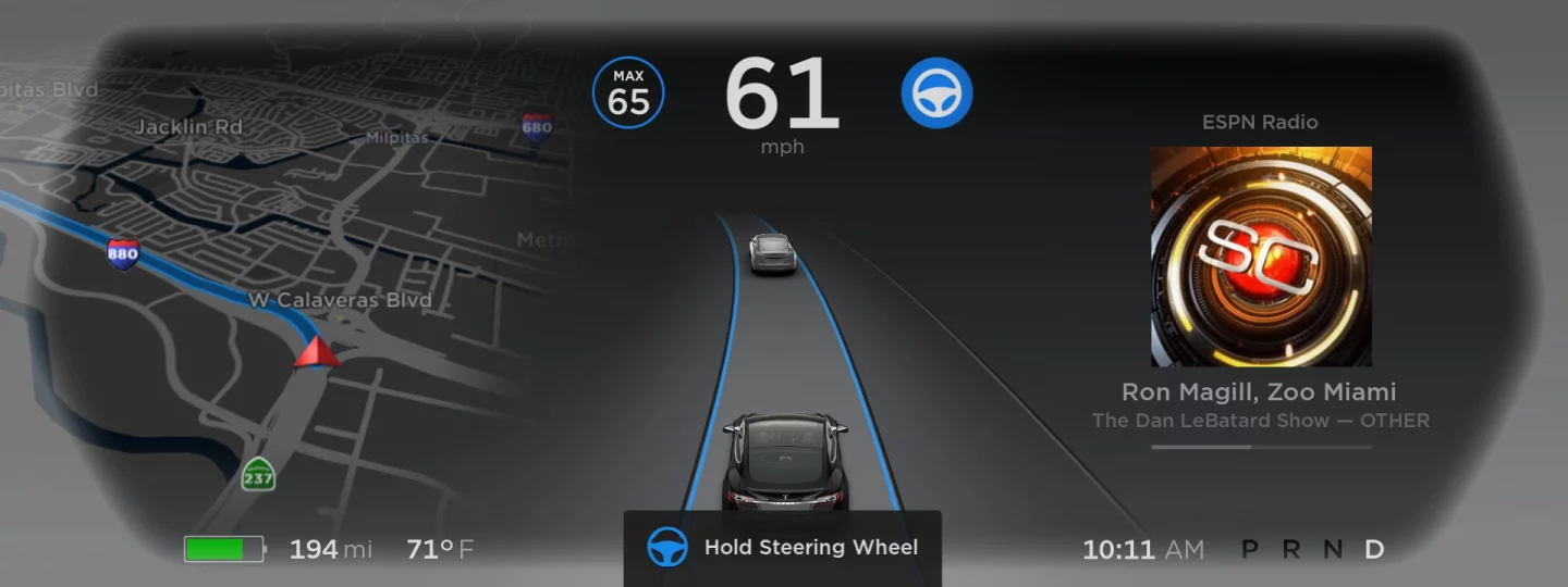 Screenshot from the display screen of a Tesla Model X
