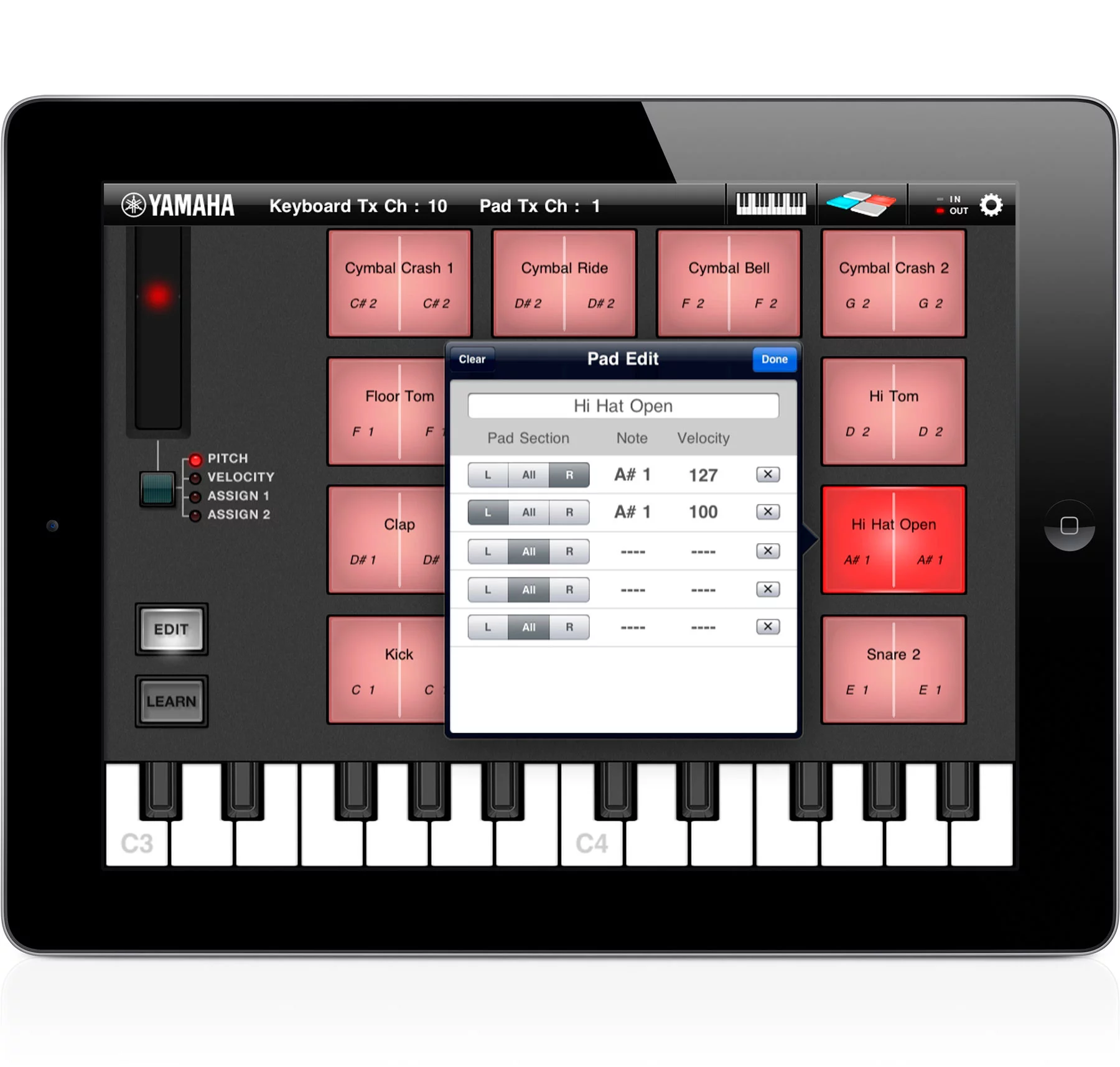 Yamaha Arp & Drum app assigning drum pads