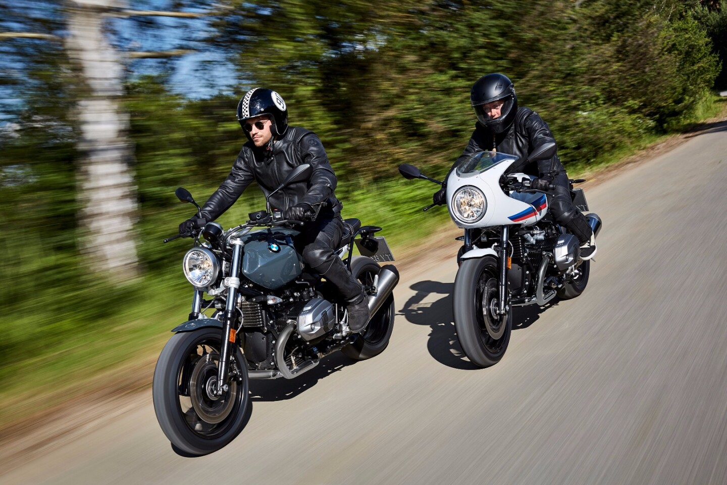 The 2017 BMW R nineT Pure (left) and Racer (right) in action