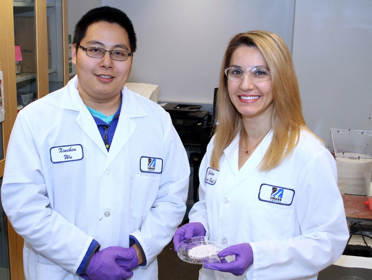 Asst. Prof. Gulden Camci-Unal (right) with Biomedical Engineering and Biotechnology Ph.D student Xinchen Wu