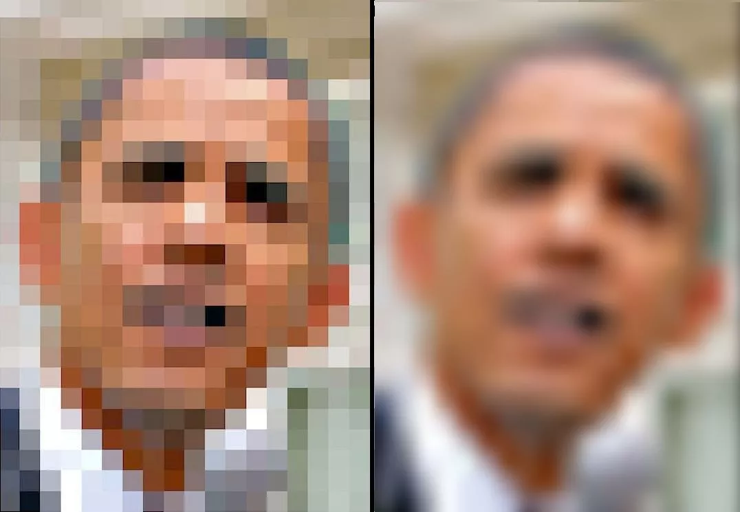 The President of the United States in 16 x 20 pixel resolution – a blurred, yet clearer, version appears on the right (Photo: University of York)