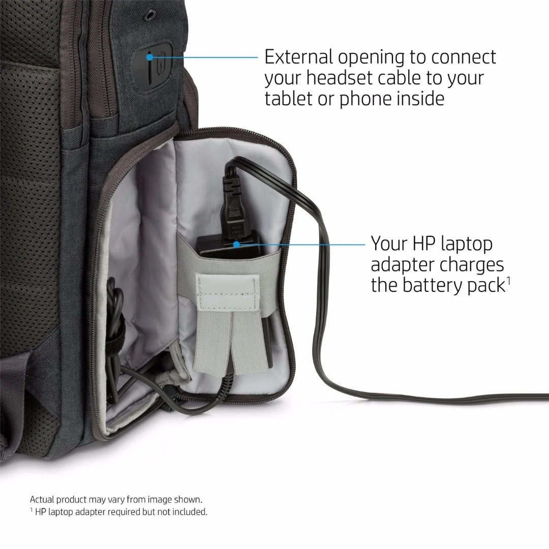 The battery charges through a side pocket, although the required power adapter isn't included