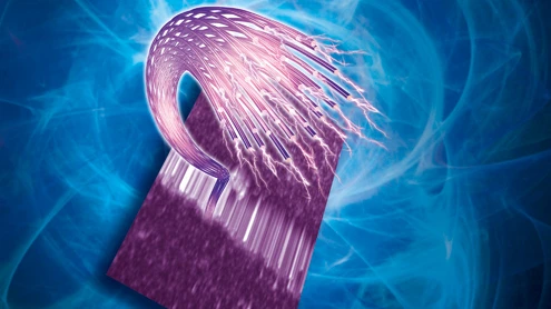 Artist's impression showing conductive supramolecular fibers trapped between two gold electrodes spaced 100 nm apart (Photo: © Graphics: M. Maaloum, ICS (CNRS))
