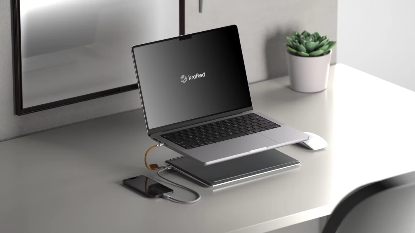 The tapered Edge power bank slides under a laptop and provides charging power on the move