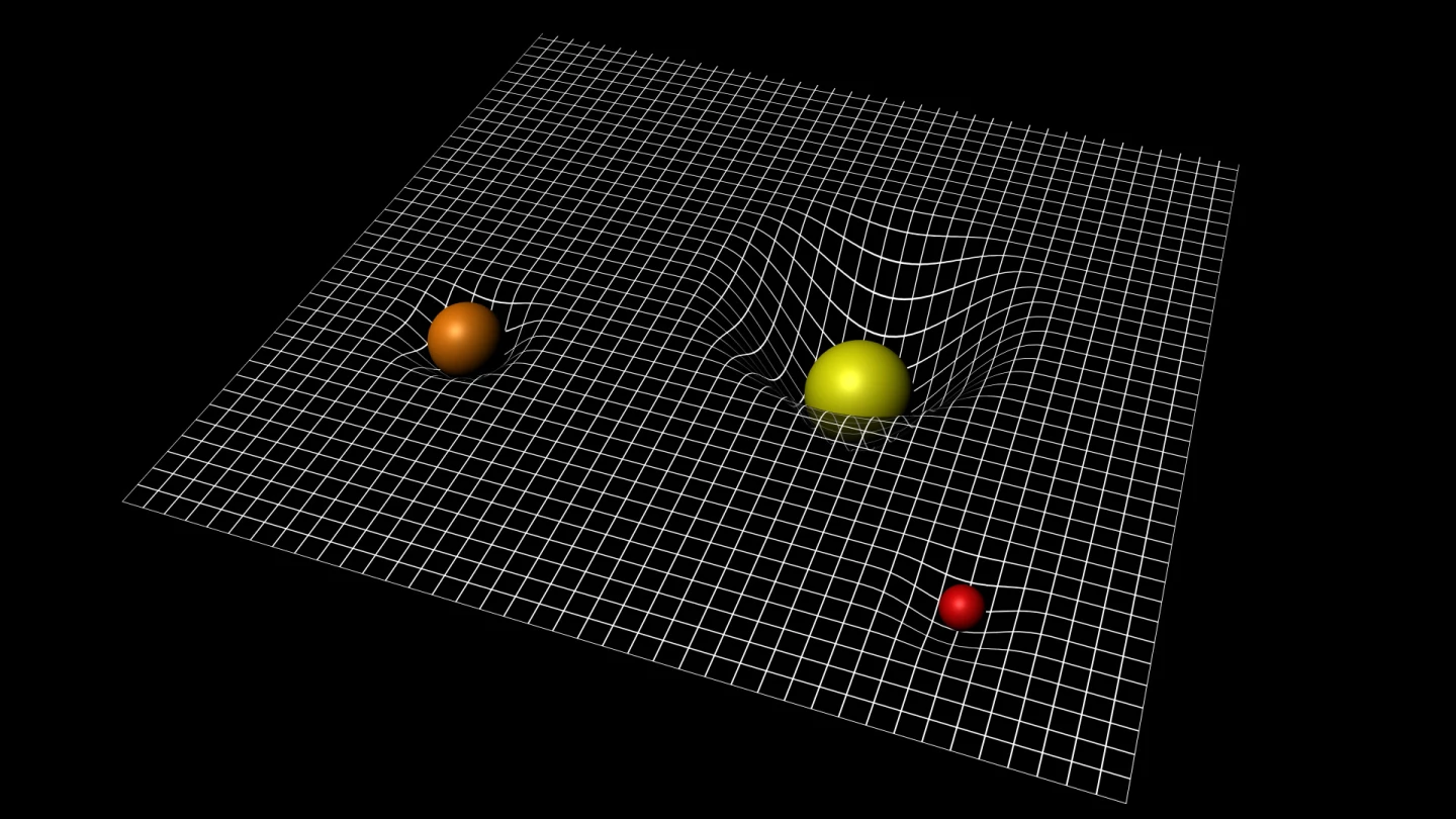 This diagram illustrates spacetime as a "mat," showing how objects' masses cause it to curve into "dips" – the more mass, the deeper the dip