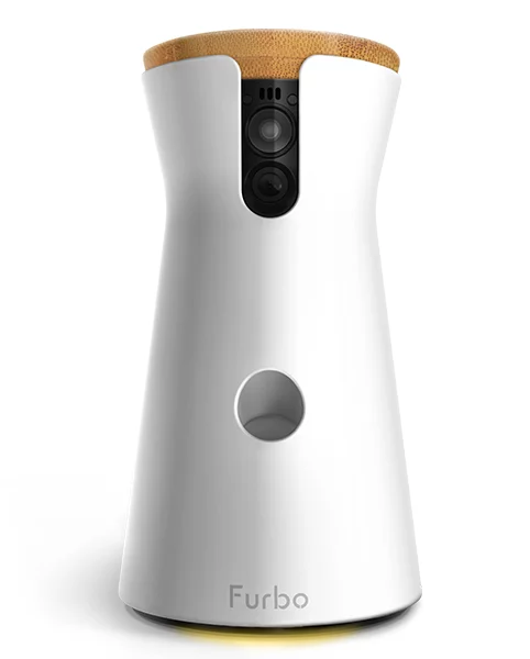 The Furbo unit attaches to a desktop or flat surface with 3M adhesive