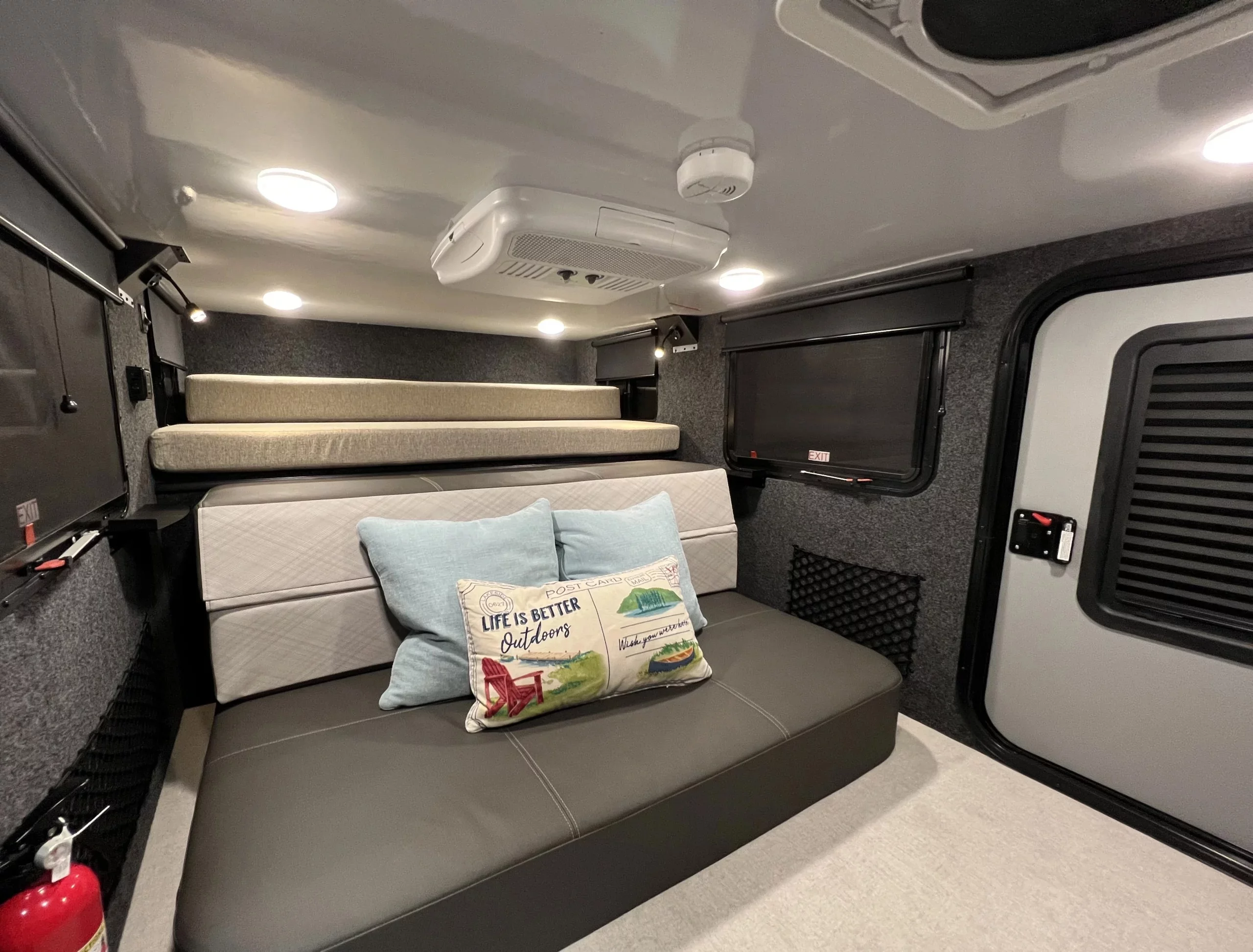 The other ROG 12-foot cabin floor plan: the 12BH has a "bunkhouse" design with two separate beds, sleeping up to five people inside the cozy hard-wall trailer