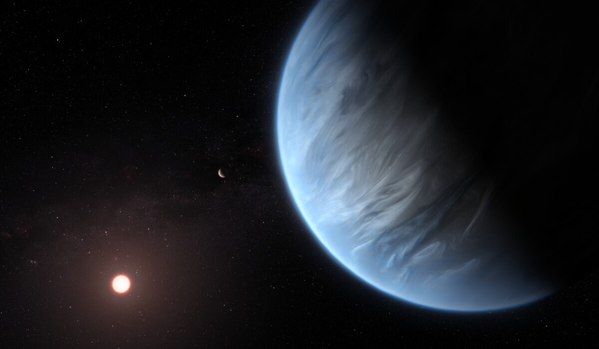 This artist’s impression shows K2-18b, a potentially habitable exoplanet that has now been found to have water vapor in its atmosphere