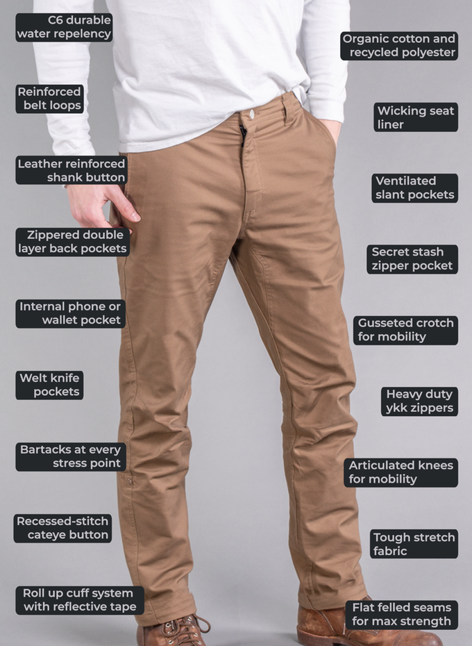 Features of LIVSN's new Flex Canvas Pants V2
