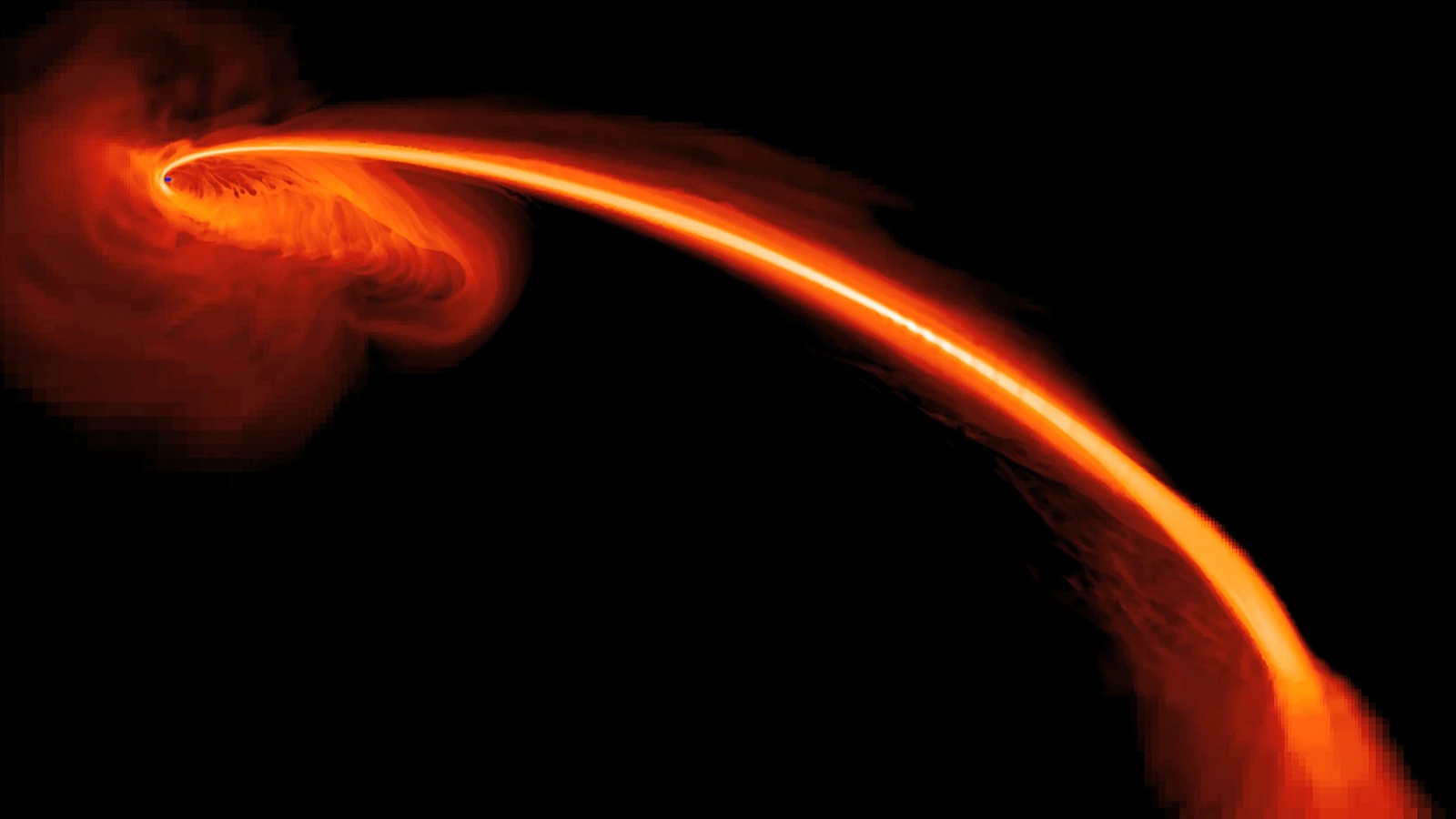 May 2, 2012: This computer-simulated image shows gas from a tidally shredded star falling into a black hole (Image: NASA; S. Gezari, The Johns Hopkins University; and J. Guillochon, University of California, Santa Cruz)