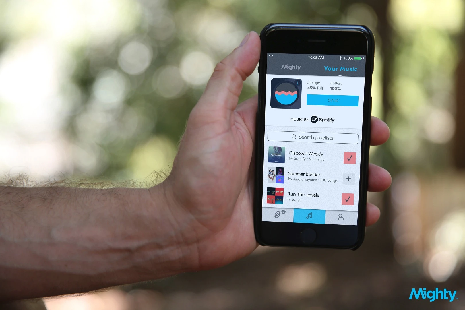 New Spotify playlists are added to the Mighty music player through an app, which can also be used to select and skip tracks