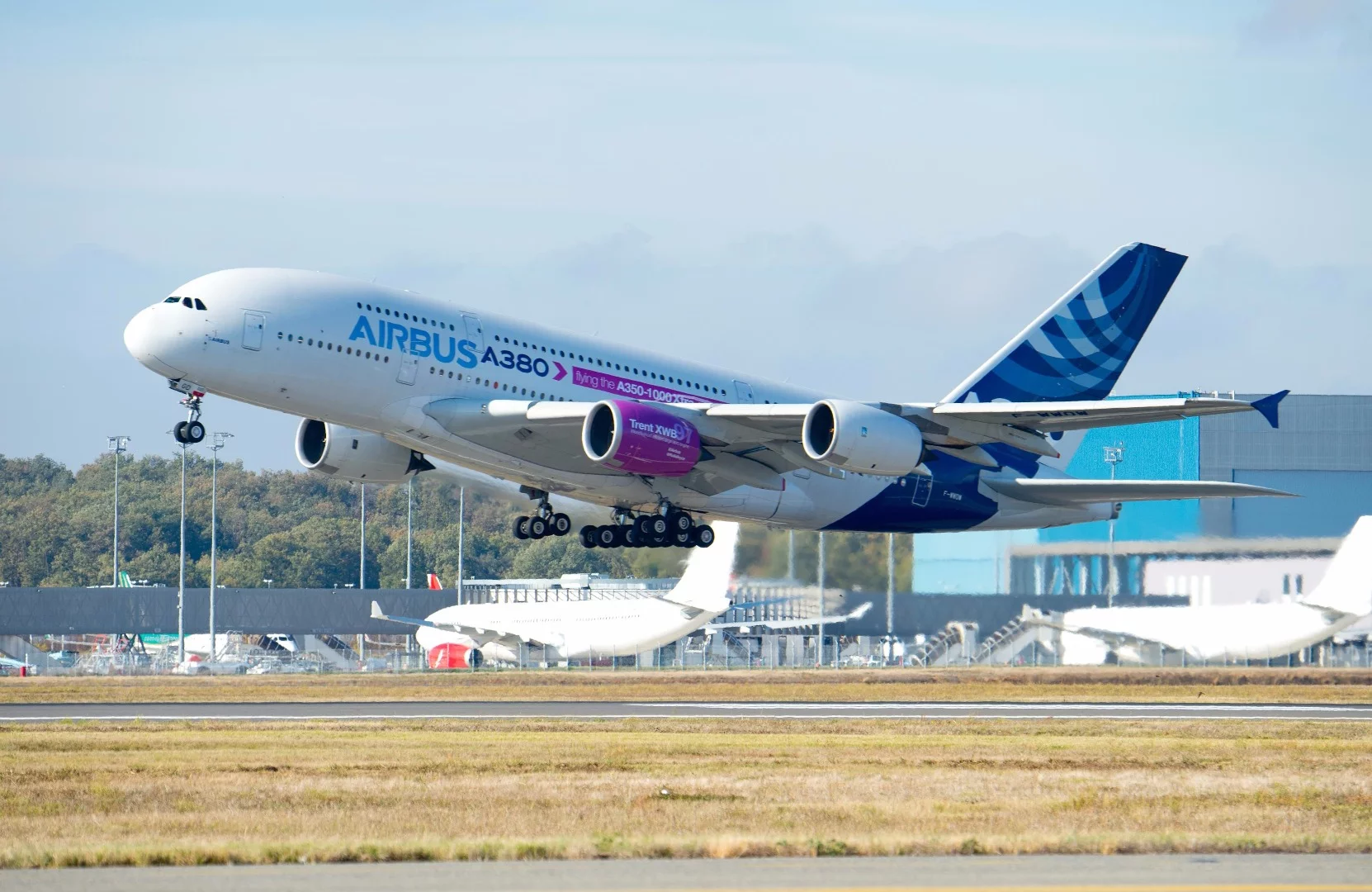 The Rolls-Royce Trent XWB-97 flew for the first time over Toulouse, France