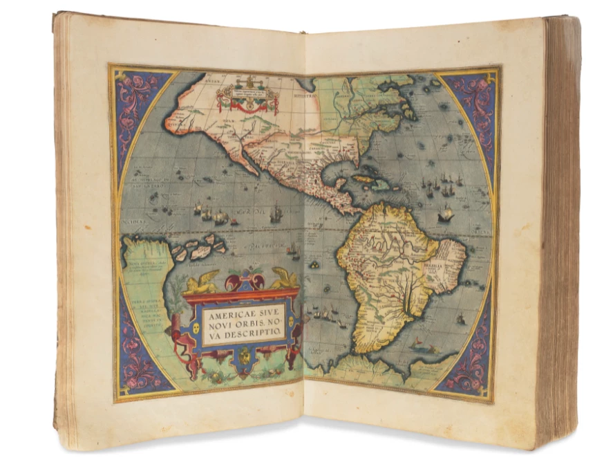 “Theatrum orbis terrarium” by Abraham Ortelius, was the first modern world atlas. It was hand-colored and heightened in gold, and sold for $237,500 at a Christie's auction on 16 October 2021 against an estimate of $100,000 to $150,000
