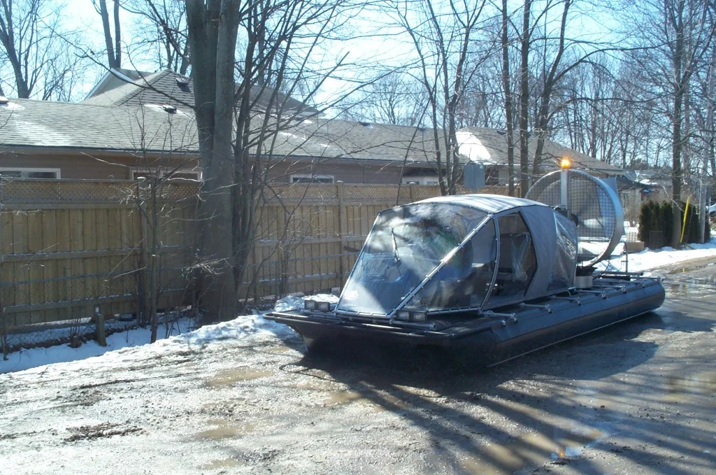 Like a hovercraft, it can float on a friction-reducing cushion of air contained within rubber skirting on its underside