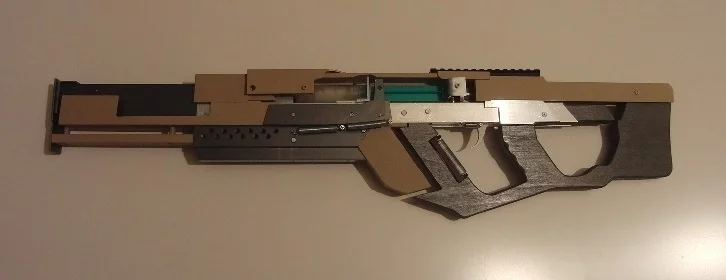 The rifle also has a wooden stock