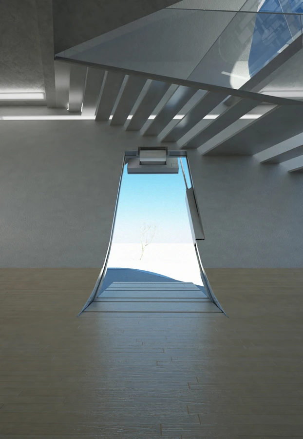 The hydraulic powered automatic door, which opens into two sections (image from Violent Volumes)