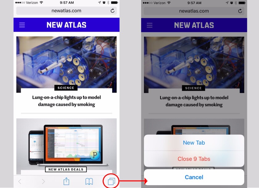 Press & hold the Tabs icon to close all Safari tabs at once