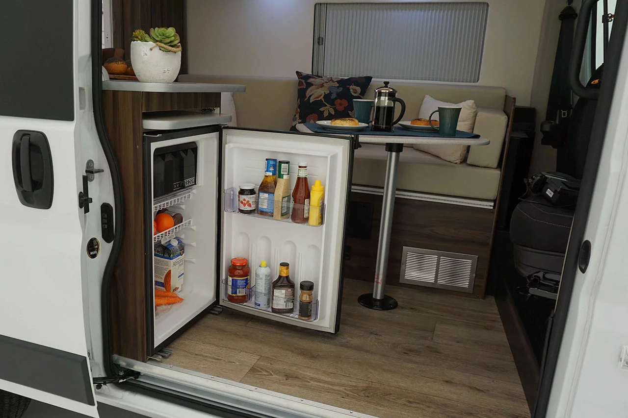 The Carado Axion Studio's 88-L fridge is positioned for indoor/outdoor access