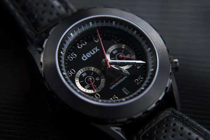 The Deus Collection watch in chronograph mode