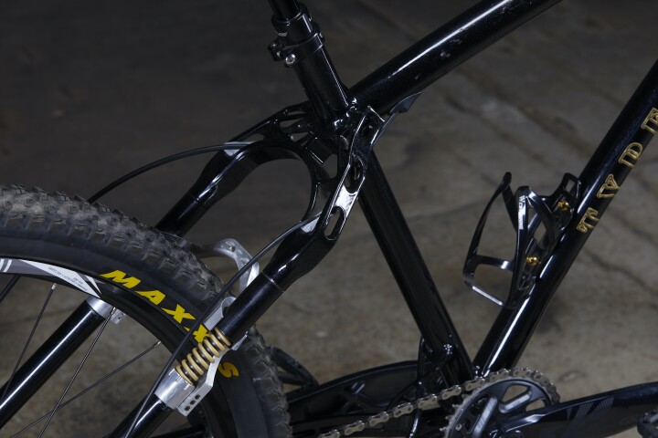 A close view of the 57x's seat-stay-integrated shock absorbers (lower left), which work with two others in the chain stays