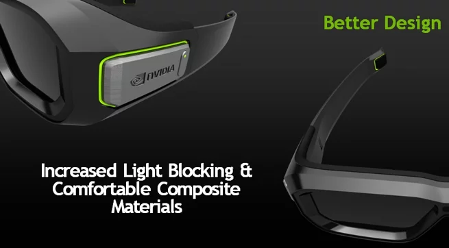 The new 3D Vision 2 glasses features 20 percent larger lenses and additional light blocking