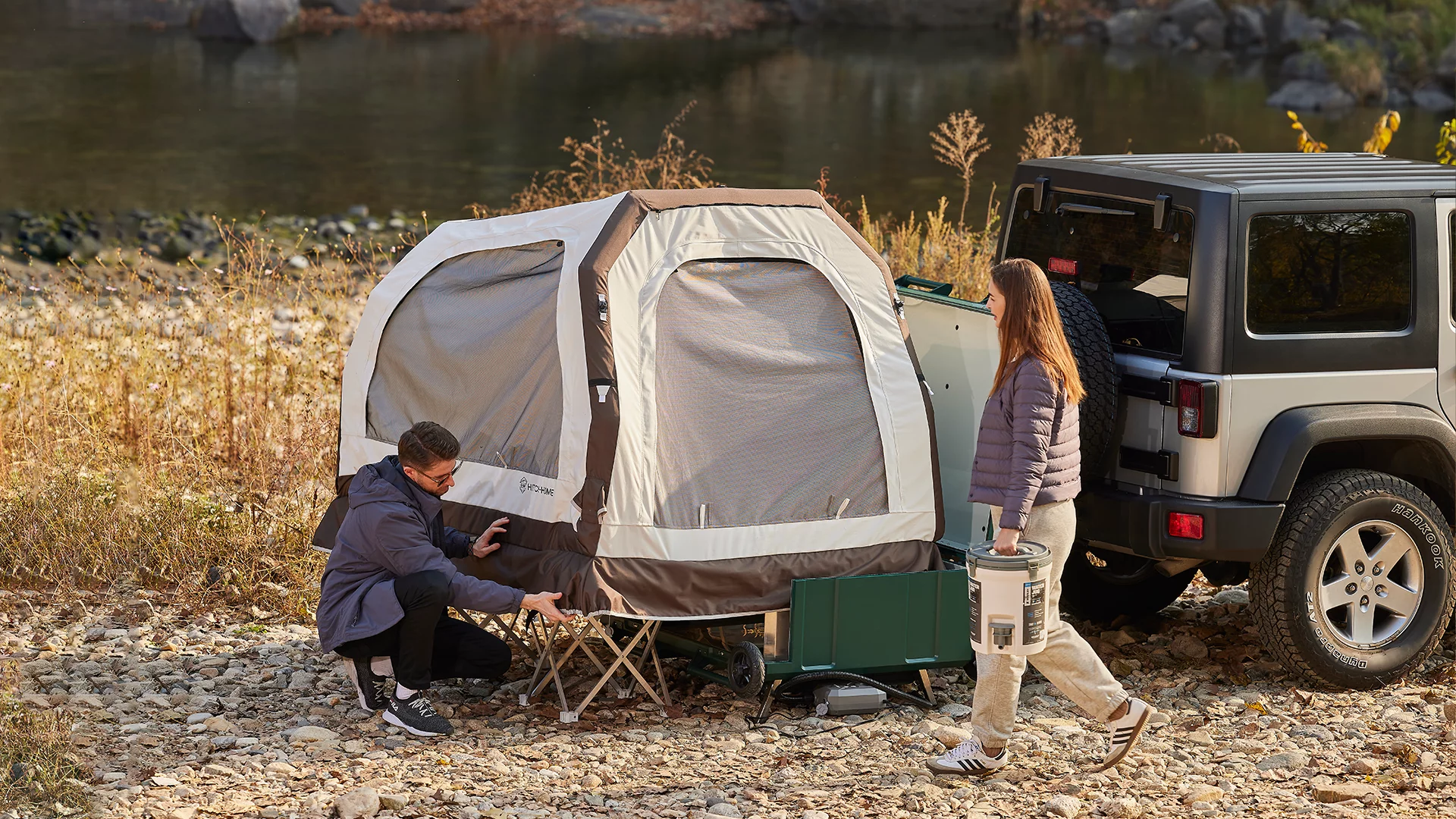 The tent stands on a combination of a support frame and its cargo box, keeping it off the ground for better comfort